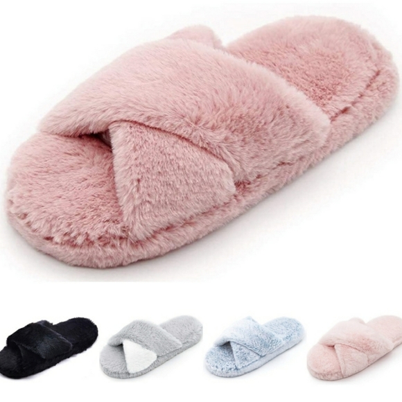 Cross Band Pink Fluffy Soft Slippers Medium - Picture 2 of 13